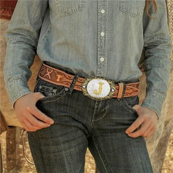 Western Belt Buckle Initial Letters ABCDMRJ to Z Cowboy Rodeo Small Gold Belt - Picture 5 of 7